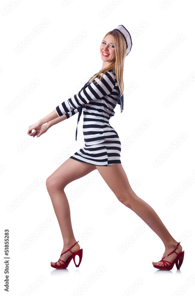 Woman in costume pushing virtual obstacle Woman in costume pushing virtual obstacle