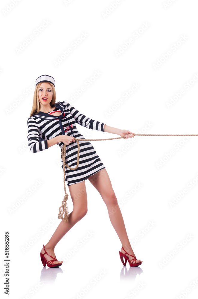 Woman sailor in tug of war concept Woman sailor in tug of war concept