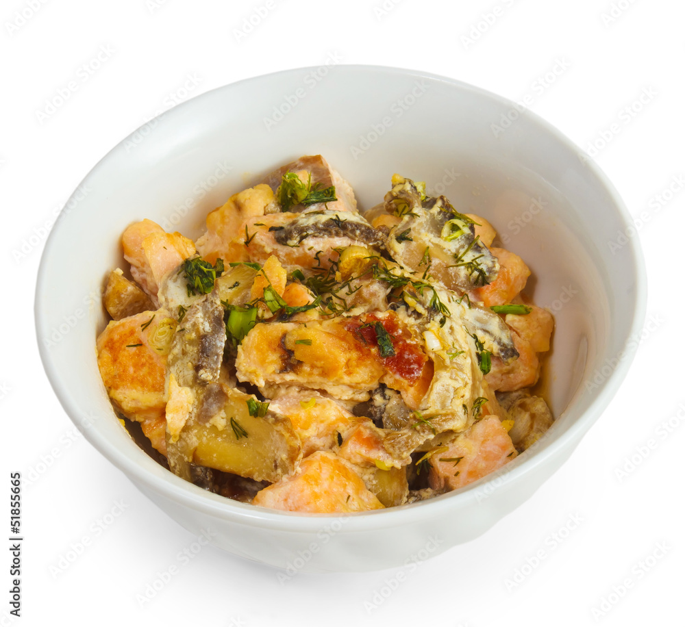 mushrooms potatoes roasted isolated white background