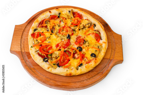 Appetizing pizza with cheese wooden tray close up on white ba