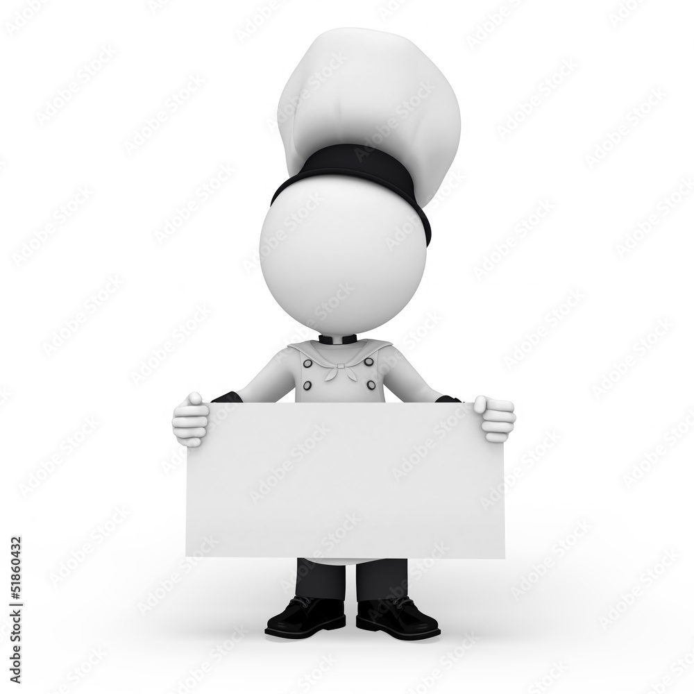 3d white people as chef holding white sign 3d white people as chef holding white sign