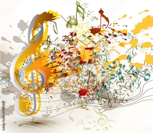 Art ornate treble clef with colorful splash, staves and notes fo