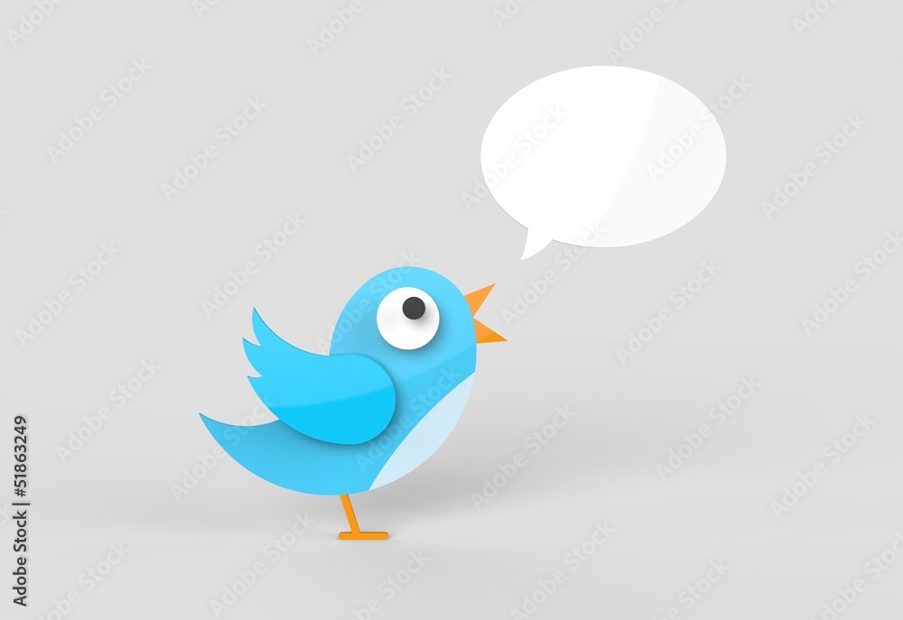 Cute twitter bird tweeting a message. Blank speech bubble. - obrazy, fototapety, plakaty 