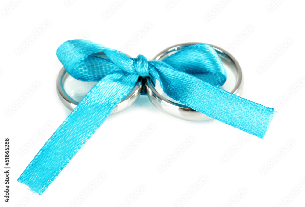 Wedding rings tied with ribbon isolated on white Wedding rings tied with ribbon isolated on white