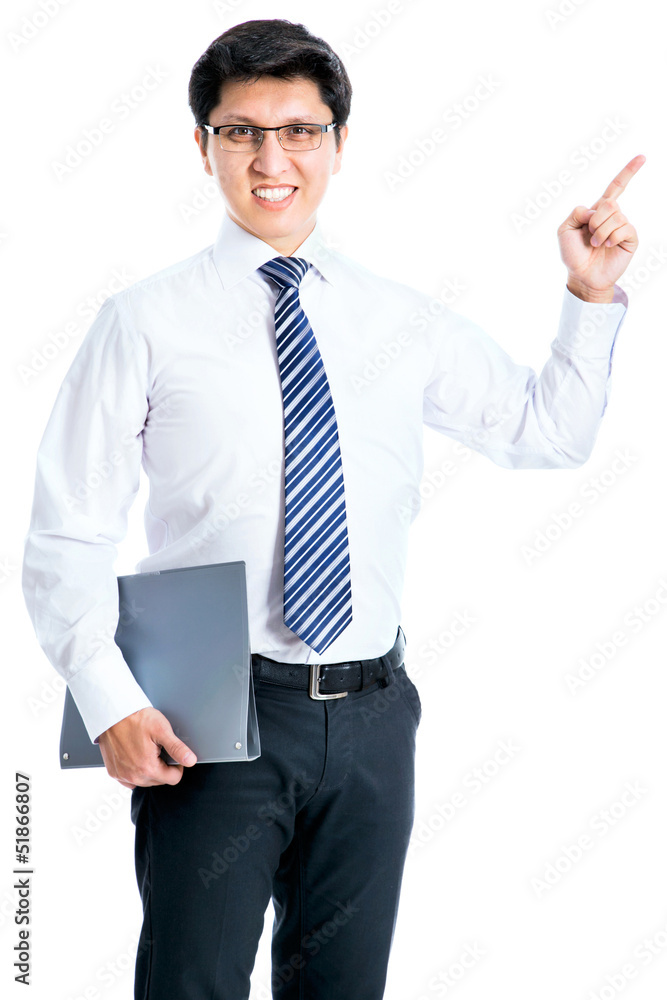 Business man pointing to white background Business man pointing to white background