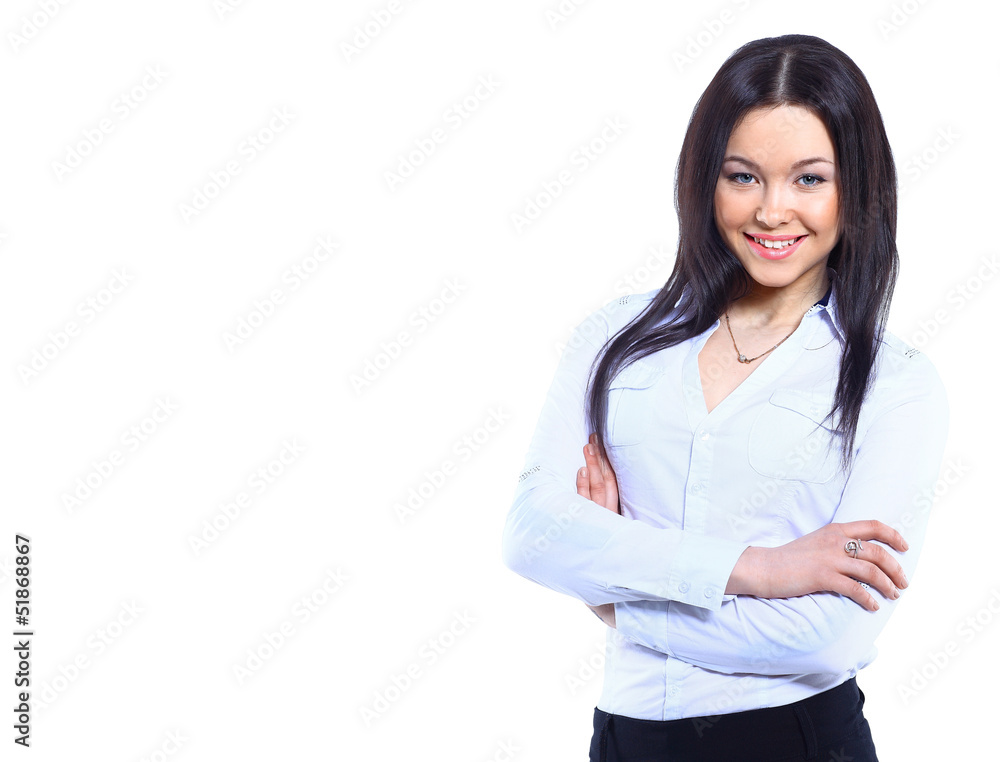 Positive business woman smiling over white background Positive business woman smiling over white background