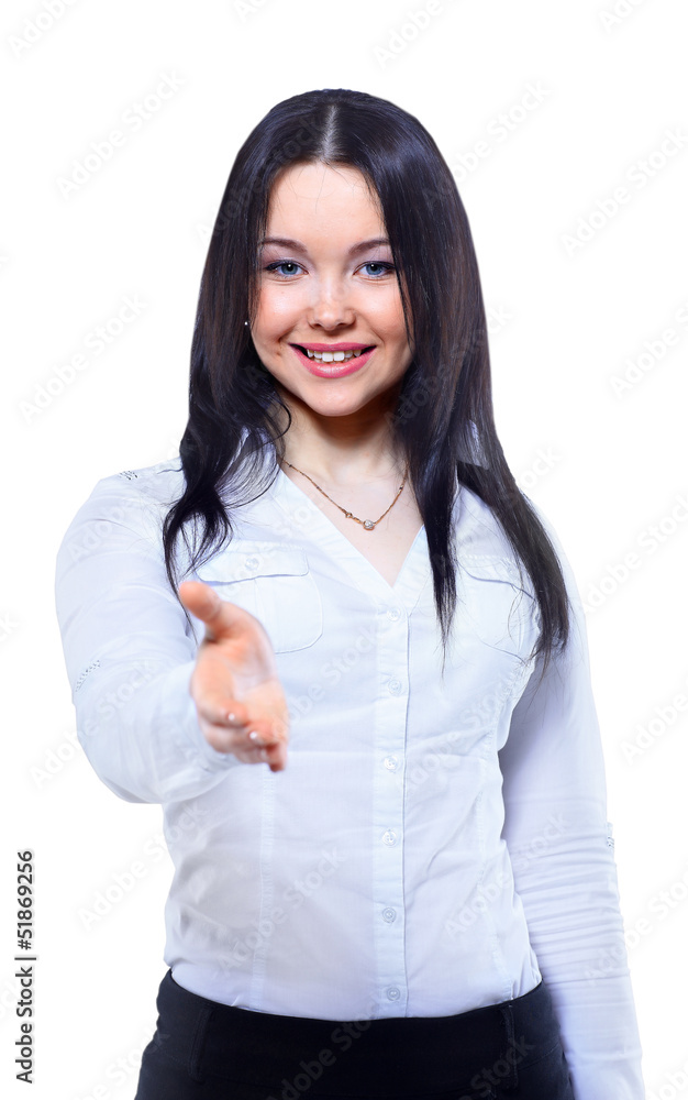 Young business woman giving hand for handshake Young business woman giving hand for handshake