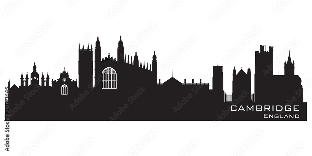 Cambridge England city skyline Detailed silhouette