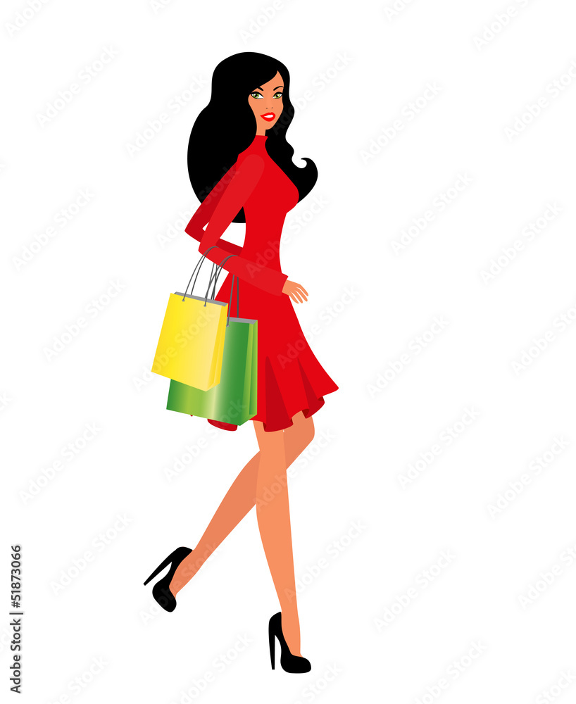 Happy woman comes out of the store with shopping