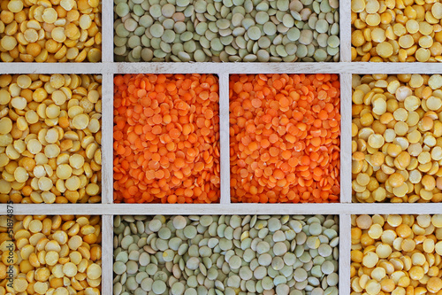 Selection of lentils in wooden compartments