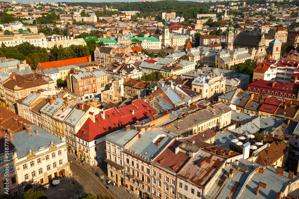 Ukraine. Lviv bird's-eye view of from of the City Hall.