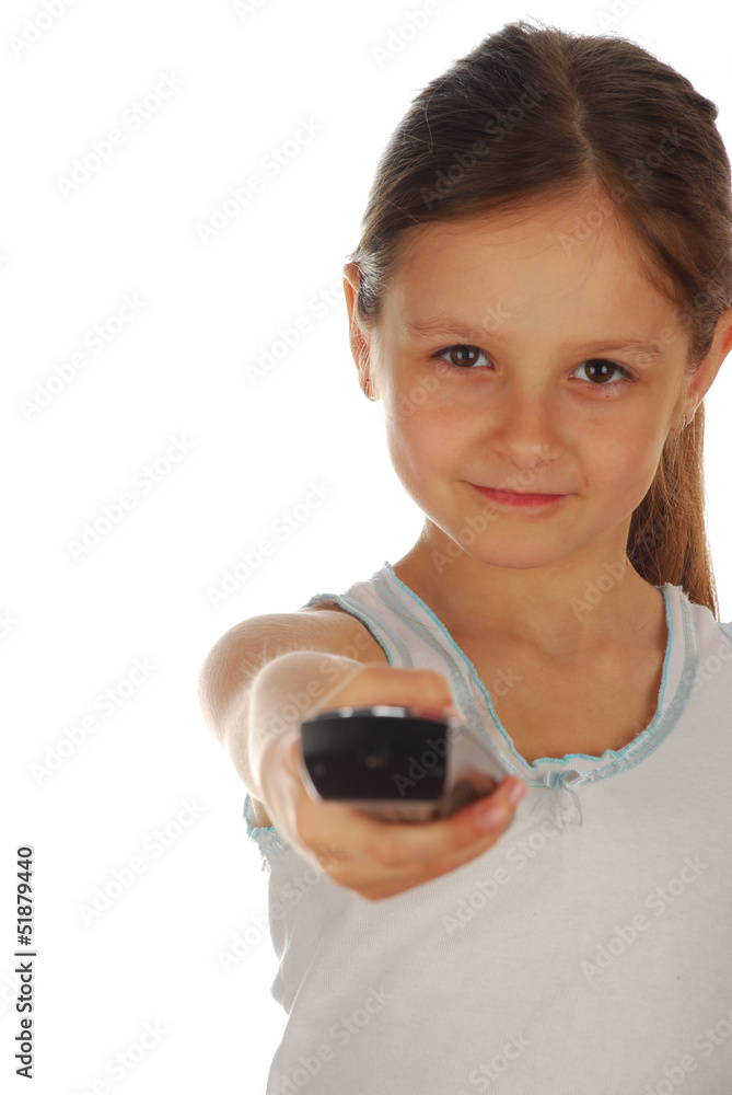 Girl with remote control in hand switch channels