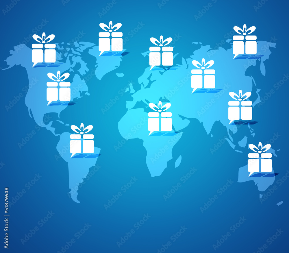Gift box button on world map background