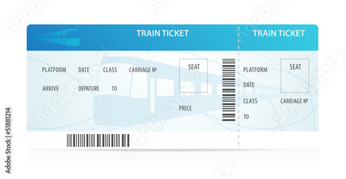 Train ticket tamplate (layout) with train silhouette. Railway