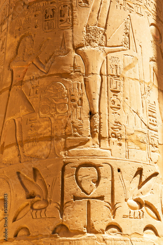 Hieroglyphic on the pillars of Karnak temple in Luxor, Egypt