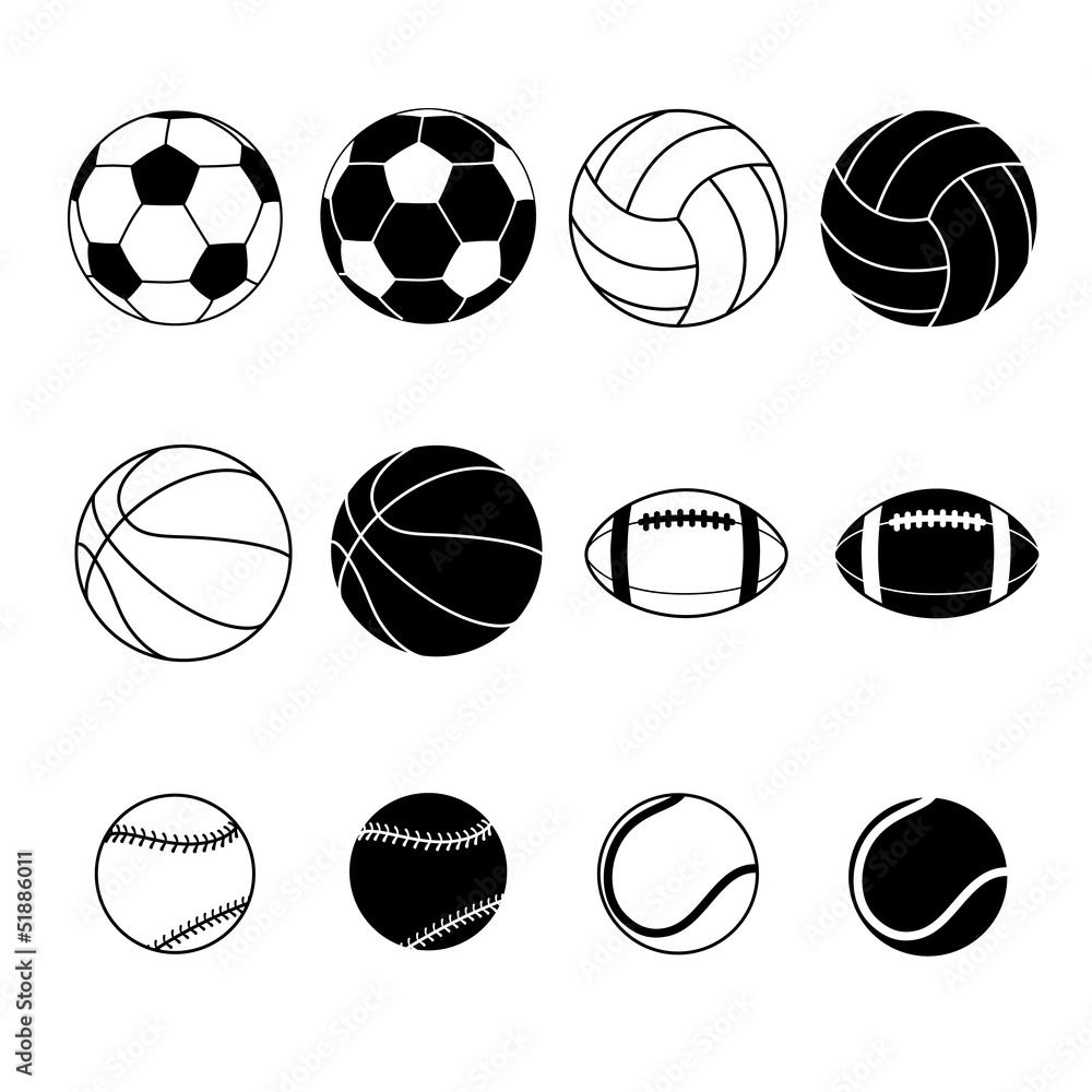 Collection Of Black And White Sports Balls Silhouettes Stock Vector ...