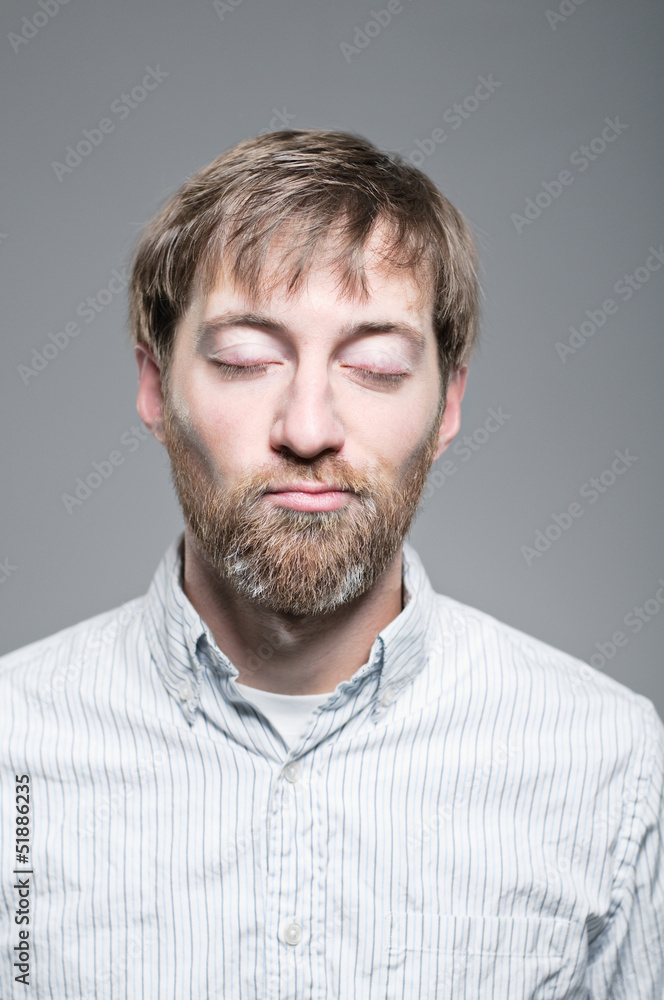 Caucasian Man Eyes Closed Smirking Portrait Caucasian Man Eyes Closed Smirking Portrait