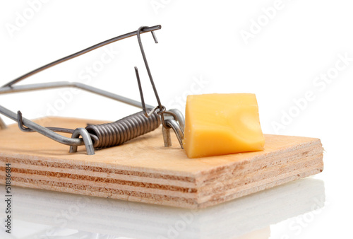 Mousetrap with piece of cheese isolated on white