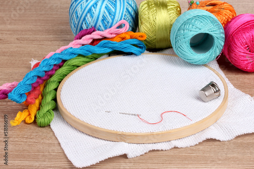 The embroidery hoop with canvas and bright sewing threads for