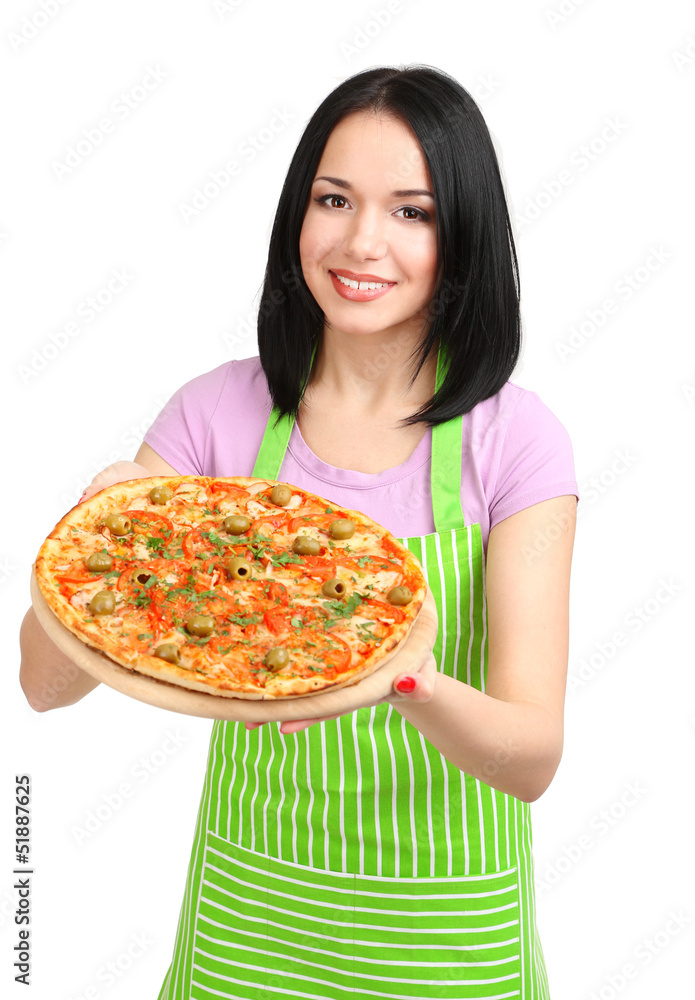 Girl housewife with delicious pizza isolated on white Girl housewife with delicious pizza isolated on white