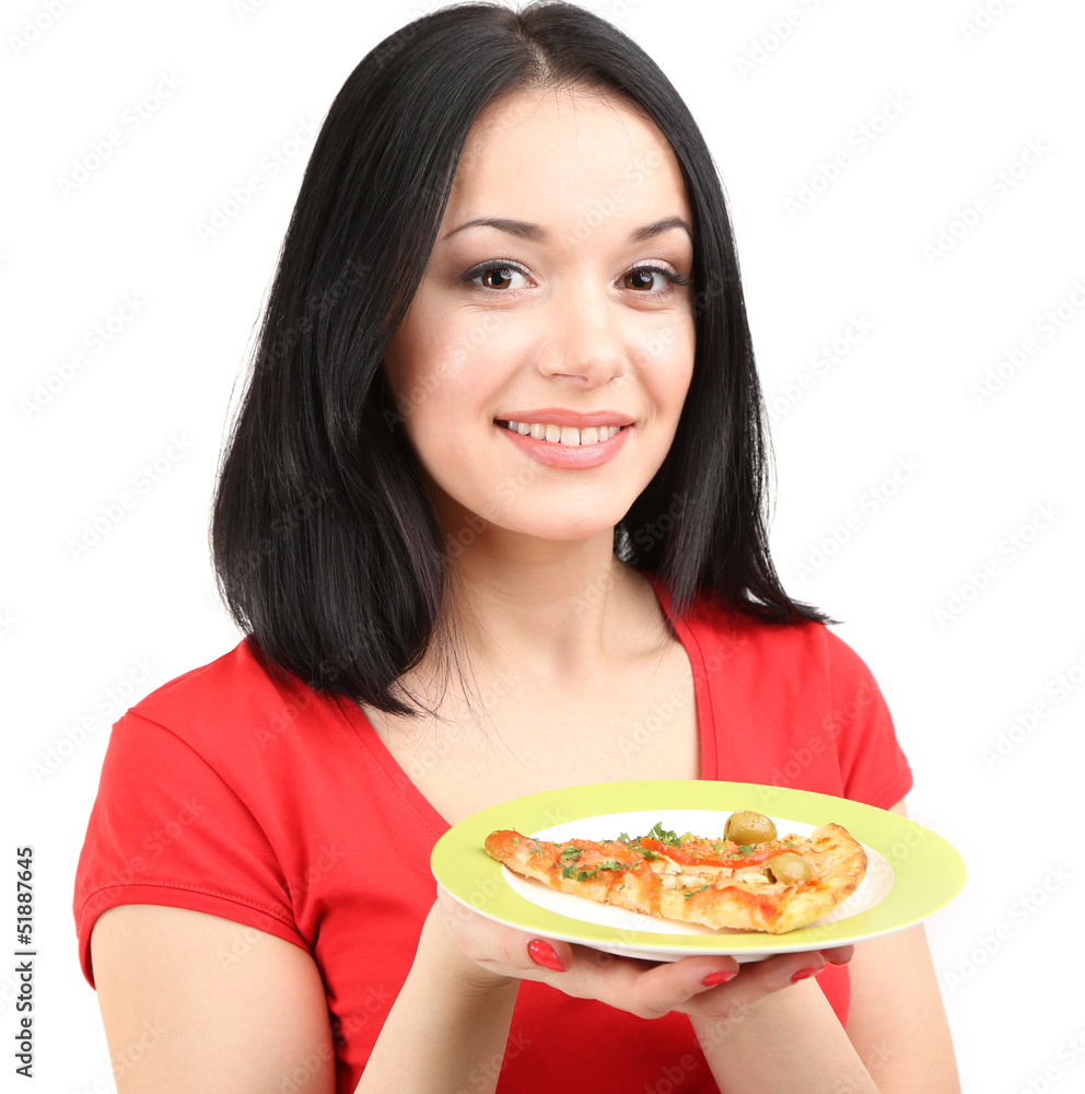 Beautiful girl wants to eat pizza isolated on white Beautiful girl wants to eat pizza isolated on white