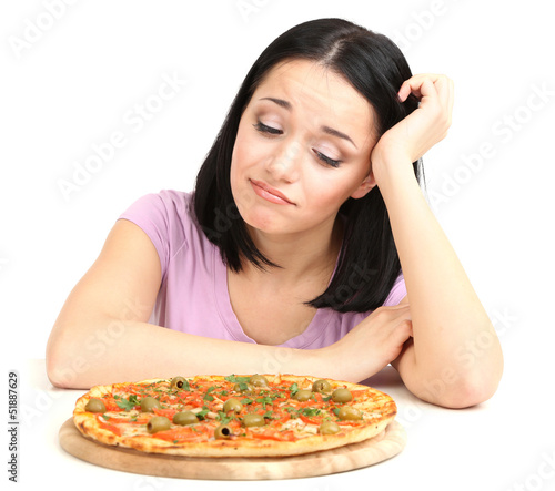 Beautiful girl wants to eat pizza isolated on white