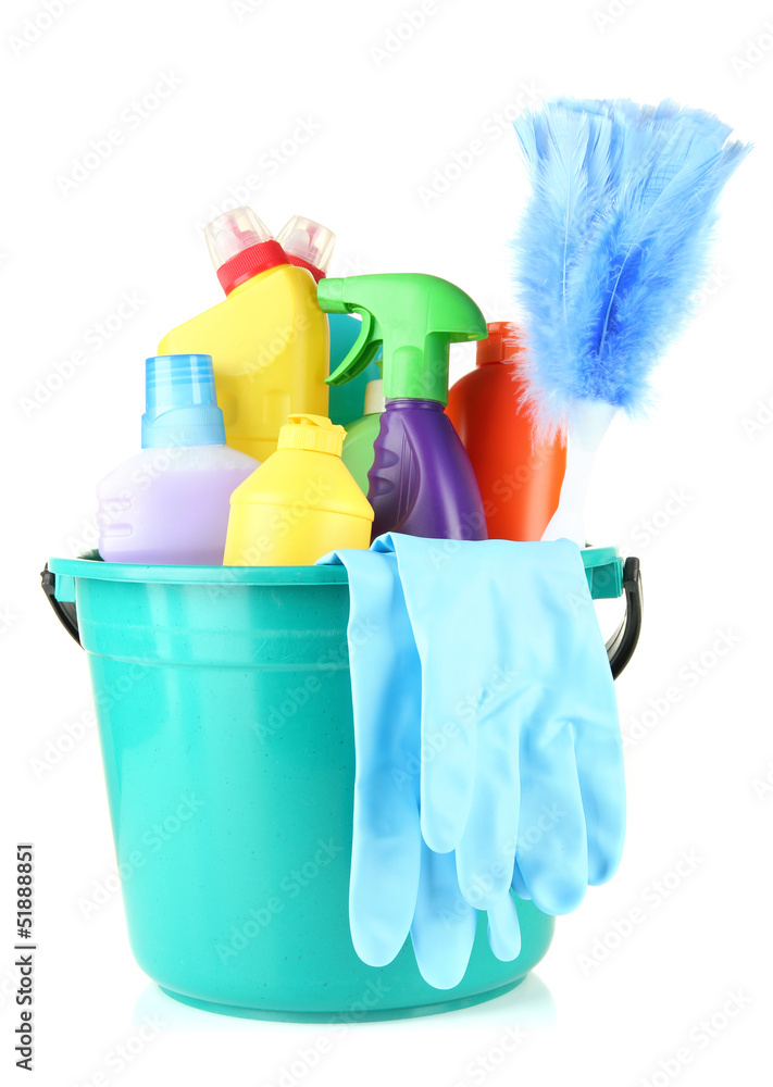 Cleaning items in bucket isolated on white Cleaning items in bucket isolated on white
