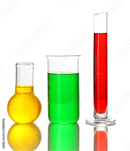 Test tubes with colorful liquids isolated on white