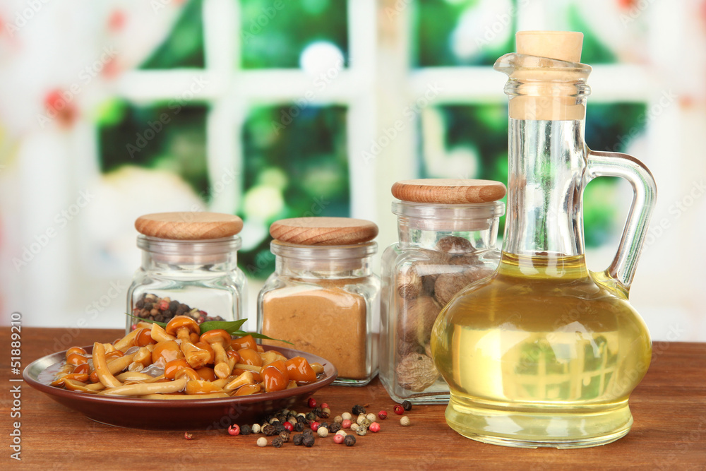 Composition of delicious marinated mushrooms, oil and spices Composition of delicious marinated mushrooms, oil and spices