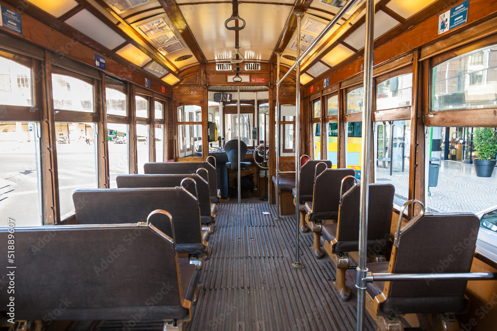 Interior of an old Lisbon tram, Portugal