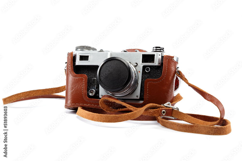 Old camera with case isolated on white background.