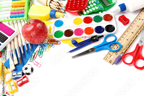 Office and student accessories isolated over white background. B