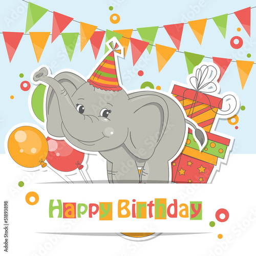 Happy Birthday card with cute little elephant