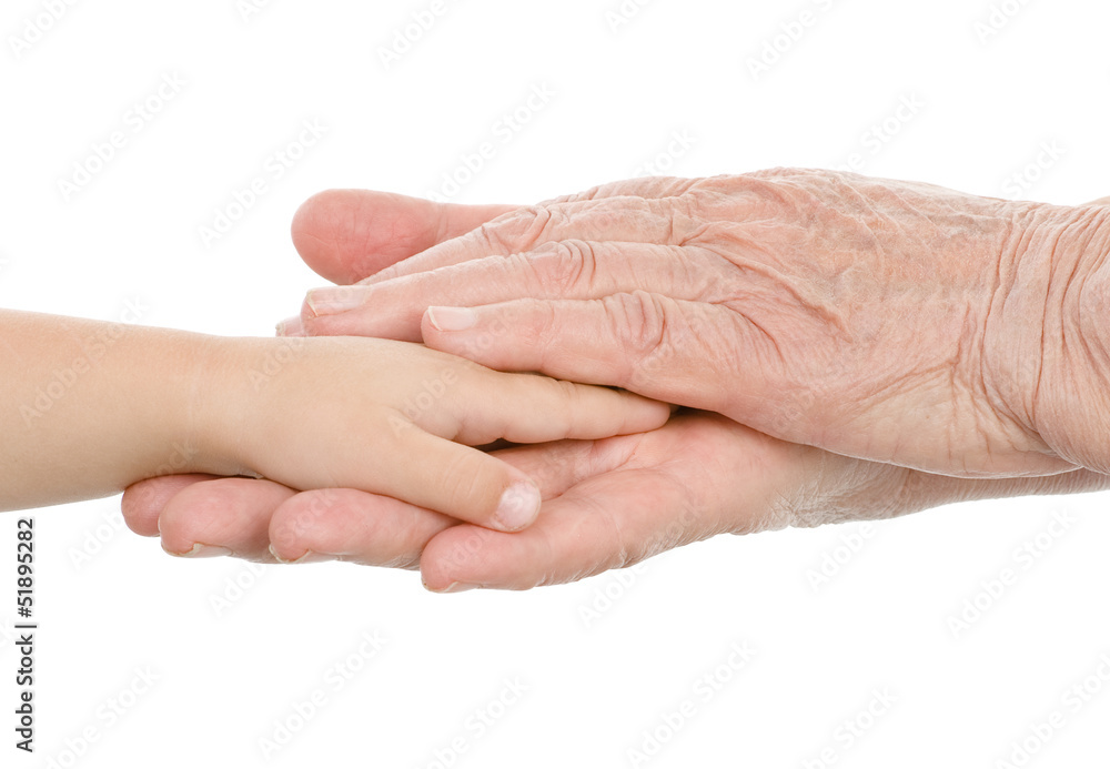 hands of the old man hold a hand of the baby. isolated on white hands of the old man hold a hand of the baby. isolated on white