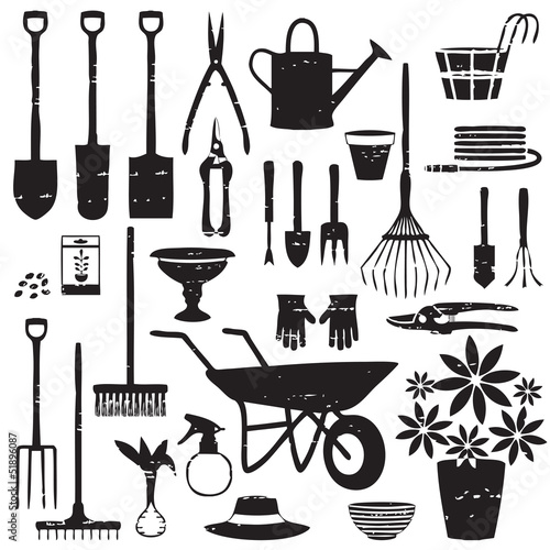 Scratched gardening related silhouettes