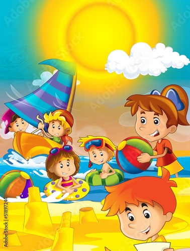 The kids playing at the beach, diving, building in sand - ocean - sea - illustration for the children
