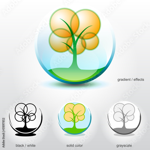 Stylized tree on ground inside of sphere. Vector logo element