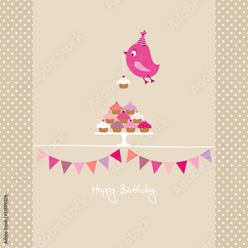Pink Bird Cupcakes Festoons Beige Dots