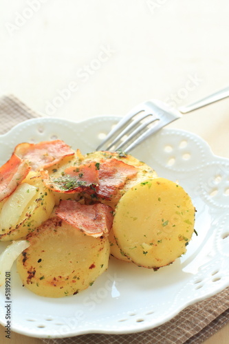 european food, bacon and potato pan fried