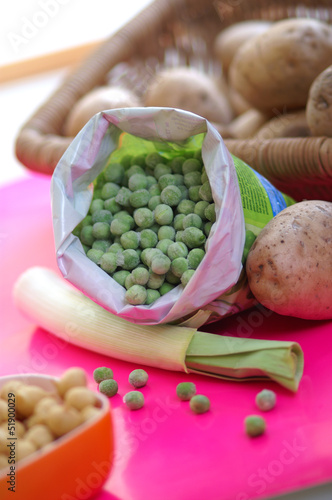 Frozen vegetables : green peas, potatoes, leeks photo