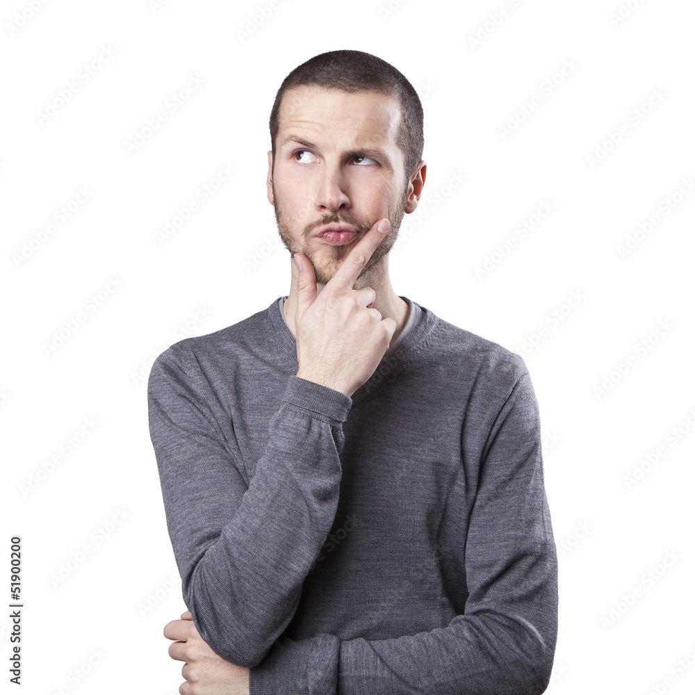 Portrait of handsome young thoughtful man isolated over white ba Portrait of handsome young thoughtful man isolated over white ba