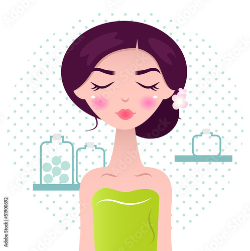 Beautiful Spa Women in green towel and bath accessories