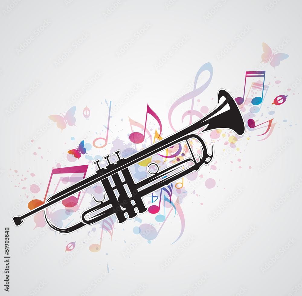 Naklejka premium Black trumpet and notes