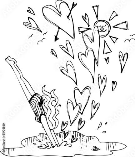 Woman plunges in water with hearts