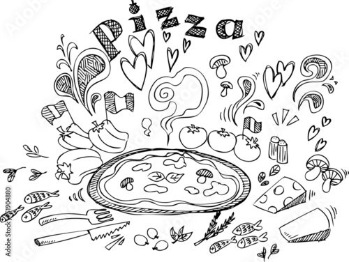 Digital illustration of pizza and ingredients