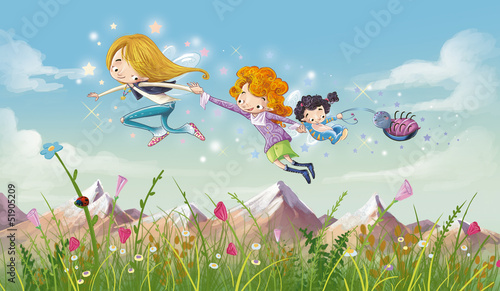niñas volando en un prado
