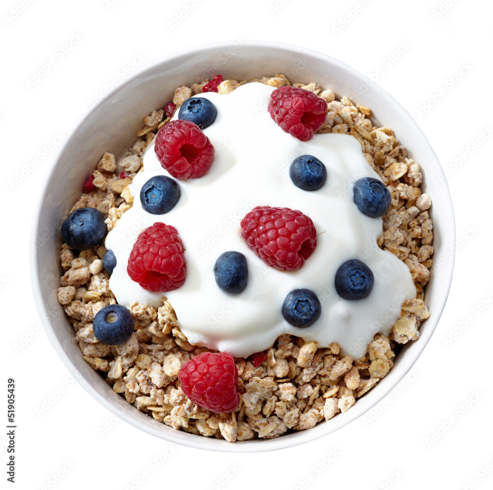 bowl of muesli and yogurt with fresh berries bowl of muesli and yogurt with fresh berries