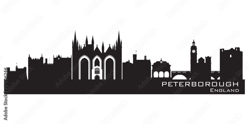 Peterborough England city skyline Detailed silhouette