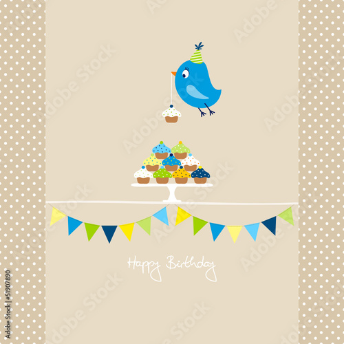 Blue Bird Cupcakes Festoons Beige Dots
