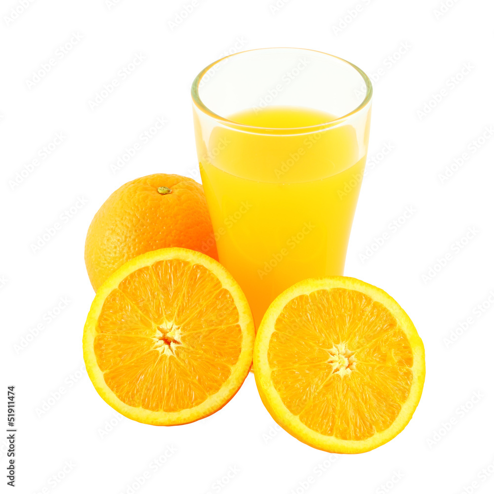 Glass of orange juice and two riped fruit side Glass of orange juice and two riped fruit side